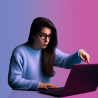 una chica guapisima  interactuando con  la pantalla del portatil  con la mano ejemplo de ia intermodal generativa
