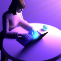 una chica guapisima  creando un mundo virtual con su ordenador sin tocar el teclado 